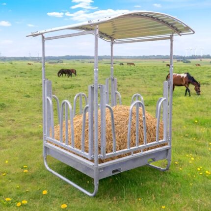 Râtelier carré pour fourrage – mangeoire galvanisée 8 places avec toit et grille palissade